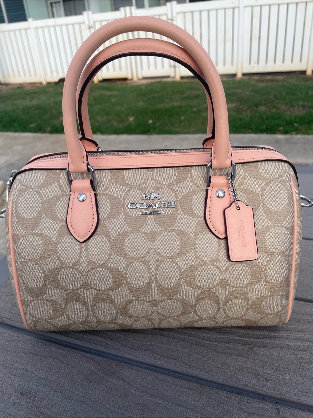 Coach Medium Beige Signature Rowen with Peach Trim